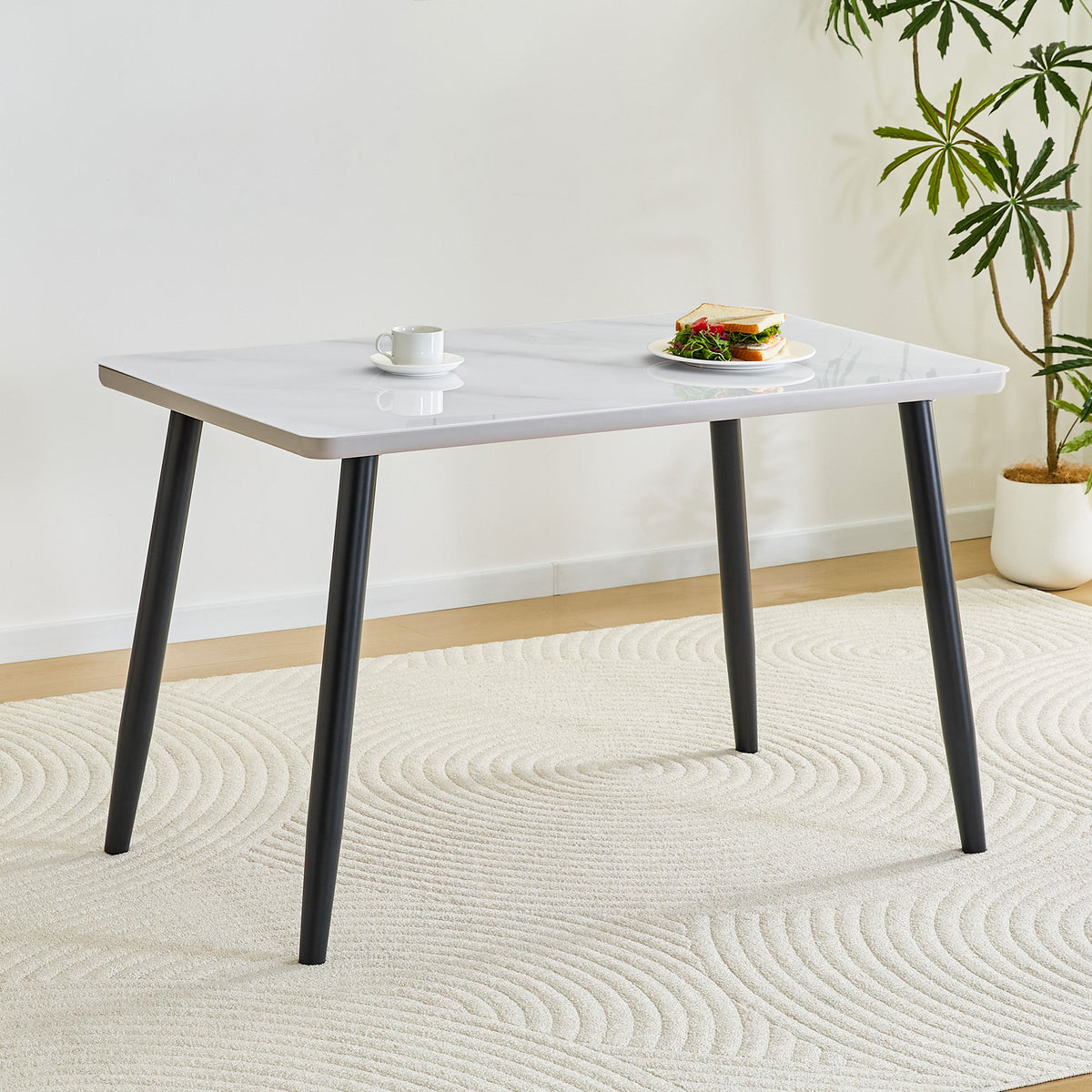 Modern minimalist rectangular dining table, suitable for 4-6 people. Tempered glass countertop+lower MDF board, imitation marble texture – Model W1151S04621