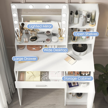 Vanity Desk with Mirror & Light, Large Drawer Three Level Storage Dresser, 3 Lighting Modes Adjustable Brightness, Bedroom Dressing Table - white