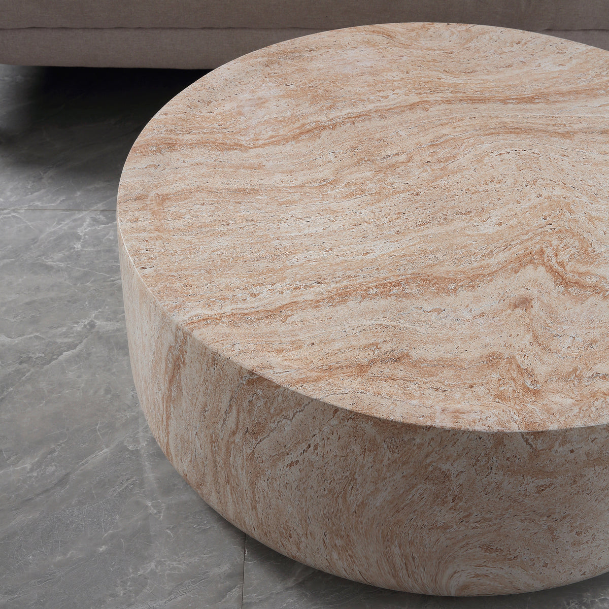 Round Cylinder Coffee Table, MgO Faux Travertine Low Profile Accent Coffee Table, Indoor & Outdoor Decorative Center Table for Living Room Patio, Dia 31.89" x H 12.01"