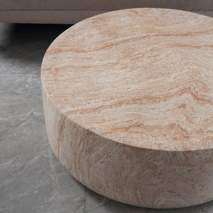 Round Cylinder Coffee Table, MgO Faux Travertine Low Profile Accent Coffee Table, Indoor & Outdoor Decorative Center Table for Living Room Patio, Dia 31.89" x H 12.01"