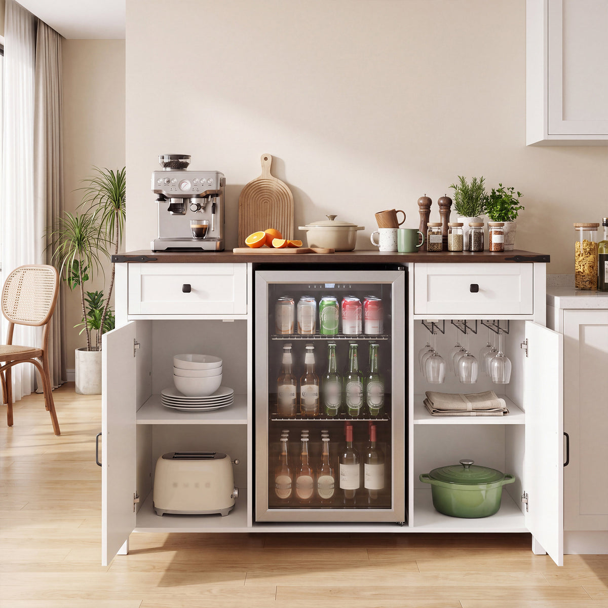 Farmhouse Coffee Bar with Mini Fridge Space & Built-in Charging Station,Large Bar Cabinet with Drawers & Adjustable Shelves for Kitchen, Dining Room, or Living Room, White