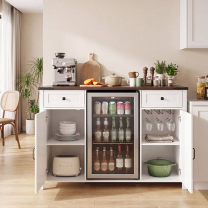 Farmhouse Coffee Bar with Mini Fridge Space & Built-in Charging Station,Large Bar Cabinet with Drawers & Adjustable Shelves for Kitchen, Dining Room, or Living Room, White