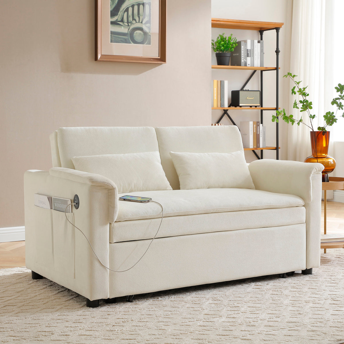 55' Velvet Two Seater Pull Out Sofa Bed, Adjustable Backrest With  USB Ports, Two Side Pockets, 3 in 1 Convertible Sleeper Sofa Bed, Modern Love Seat Lounge,2 waist pillows for living rooms,BEIGE