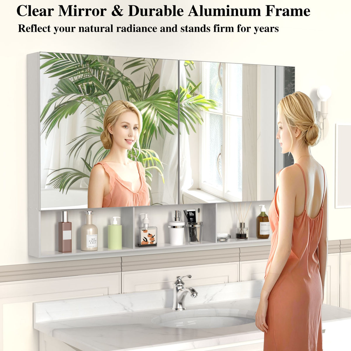 48X30 Medical Cabinet with Mirror, suitable for bathroom, wall-mounted bathroom mirror, with storage function, adjustable shelves, aluminum frame, surface-mounted, silver