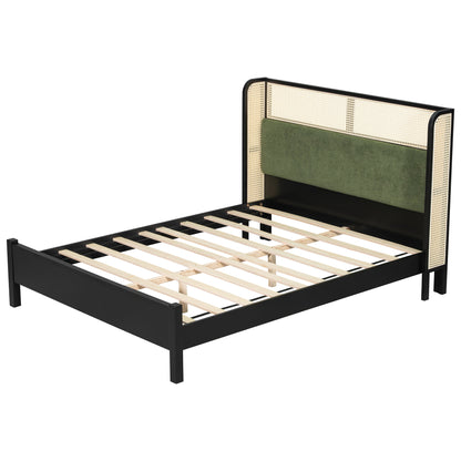 Queen Size Bed Frame with Green Headboard, Black with Green Solid Wood  Bed, No Box Spring Required, Modern Bedroom Furniture
