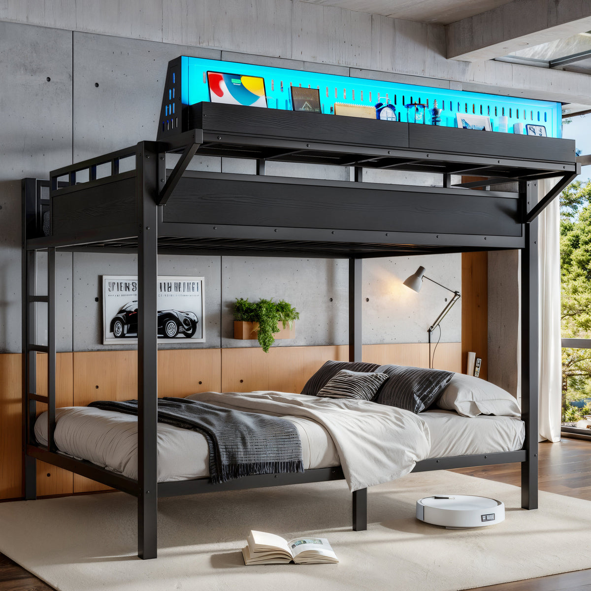 Queen over Queen Size Metal Bunk Bed with Storage Shelves and Pegboard, Bunk Bed Frame with USB Ports and LED Lights, Space-Saving, for Teens and Adults, Black