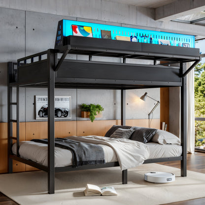 Queen over Queen Size Metal Bunk Bed with Storage Shelves and Pegboard, Bunk Bed Frame with USB Ports and LED Lights, Space-Saving, for Teens and Adults, Black