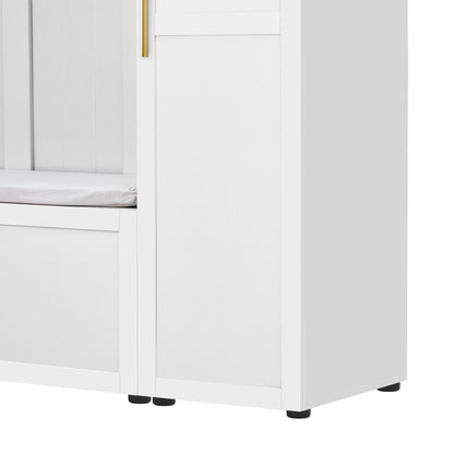 U-Can American Style 4-in-1 Hall Tree with Padded Bench, 4 Hooks, and Multi-Tier Storage Shelves – White