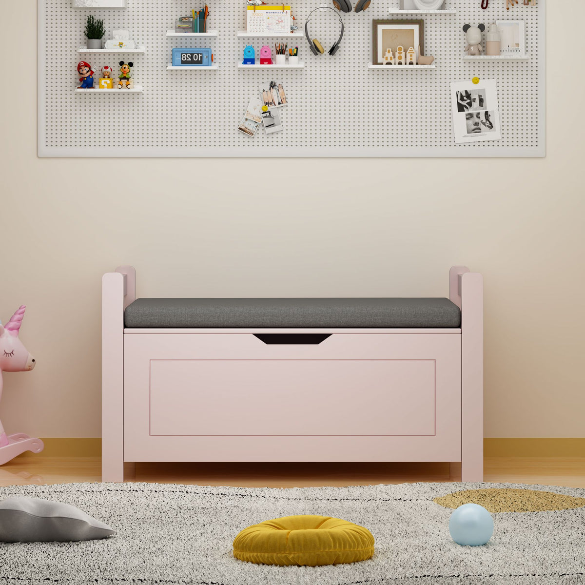 Kids Toy Box Chest for Boys Girls, Large Storage Cabinet with Cushion Seat Bench/ Flip-Top Lid/ Safety Hinge, Toy Storage Organizer Trunk for Nursery, Playroom (Pink)