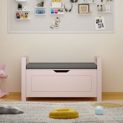 Kids Toy Box Chest for Boys Girls, Large Storage Cabinet with Cushion Seat Bench/ Flip-Top Lid/ Safety Hinge, Toy Storage Organizer Trunk for Nursery, Playroom (Pink)