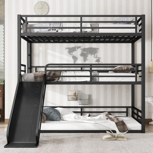 Full over Full over Full Bunk Bed with Slide, Metal Triple Bunk Bed with Safety Guardrails, Heavy-duty Bunk Bed with Noise-reduced Design, Black