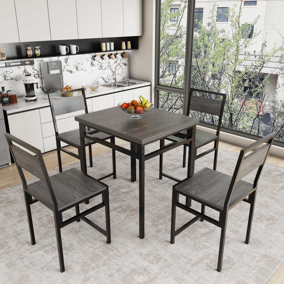 Extendable Dining Table Set with 4 Chairs, Industrial Rectangular Expandable Kitchen Table, Wood Grain Metal Frame Space Saving Dinner Furniture for Small Family Apartment