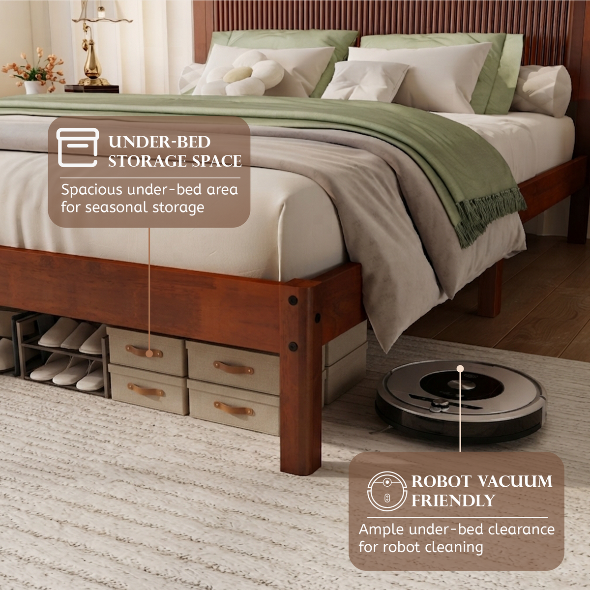 Queen Size Solid Rubber Wood Bed with Wave-Styled Headboard,Central Support Beams and Reinforced Platform Feet,Walnut