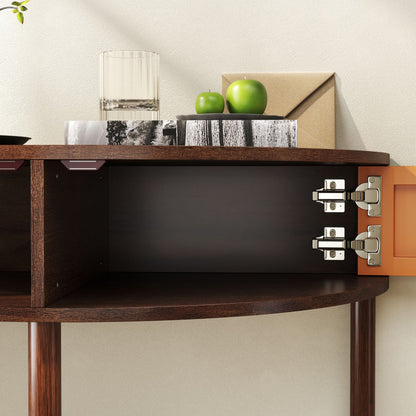 Artisan-Crafted Wave-Pattern Demi-Lune Console Table with Brown Woodgrain,Unique Half Moon Design End Table with 2 Storage Drawers and Bottom Shelf for Living room, Bedroom, Study, Hallway