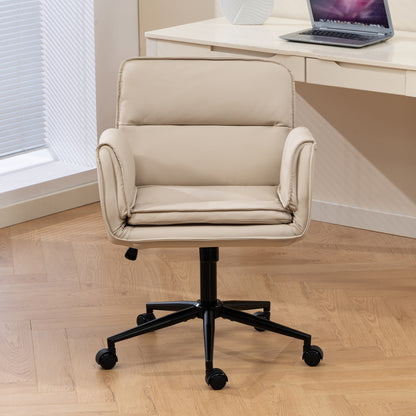 Criss Cross Chair with 5-Gear Adjustable Armrests & Wheels, Ergonomic Thickened Backrest Swivel Desk Chair for Home Office, Vanity, Bedroom and Living Room, Beige Pu