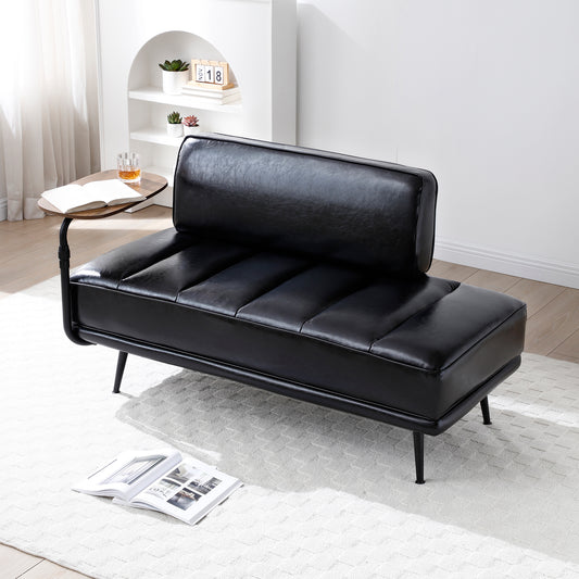 55'Inch Width Modern End of Bed Bench, Black Faux Leather Upholstered With side table, 360-degree Swivel tray couch, Entryway Ottoman