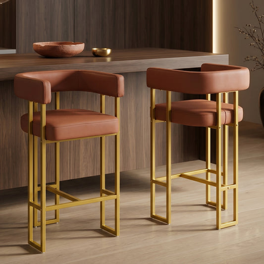 Modern Counter Height Bar Stools Set of 2, Upholstered PU Leather Barstools with Backrest & Footrest, 26" Mid Century Kitchen Island Chairs with Matte Gold Carbon Steel Frame for Home Bar, Brown