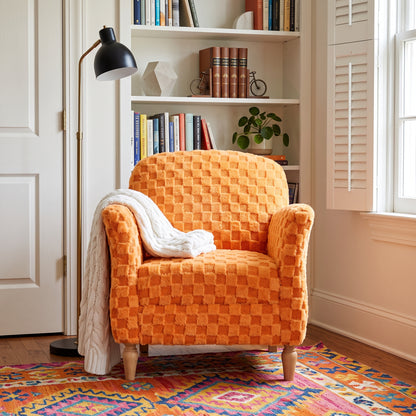 Checkered Corduroy Accent Armchair, Plush Checkerboard Upholstered Single Sofa Chair with Solid Wood Legs, Comfort Upholstered Side Chair, Available in Beige, Orange & Gray for Living Room and Bedroom