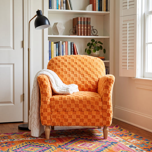 Checkered Corduroy Accent Armchair, Plush Checkerboard Upholstered Single Sofa Chair with Solid Wood Legs, Comfort Upholstered Side Chair, Available in Beige, Orange & Gray for Living Room and Bedroom