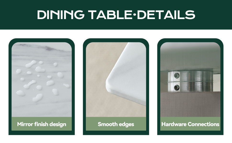 Modern Rectangular Dining Table, Tempered Glass with Marble Texture Top, Matte Gray Brushed Metal Legs, 4-6 Person Capacity, White Marble Finish, 69.30 Inch