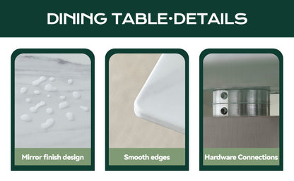 Modern Rectangular Dining Table, Tempered Glass with Marble Texture Top, Matte Gray Brushed Metal Legs, 4-6 Person Capacity, White Marble Finish, 69.30 Inch