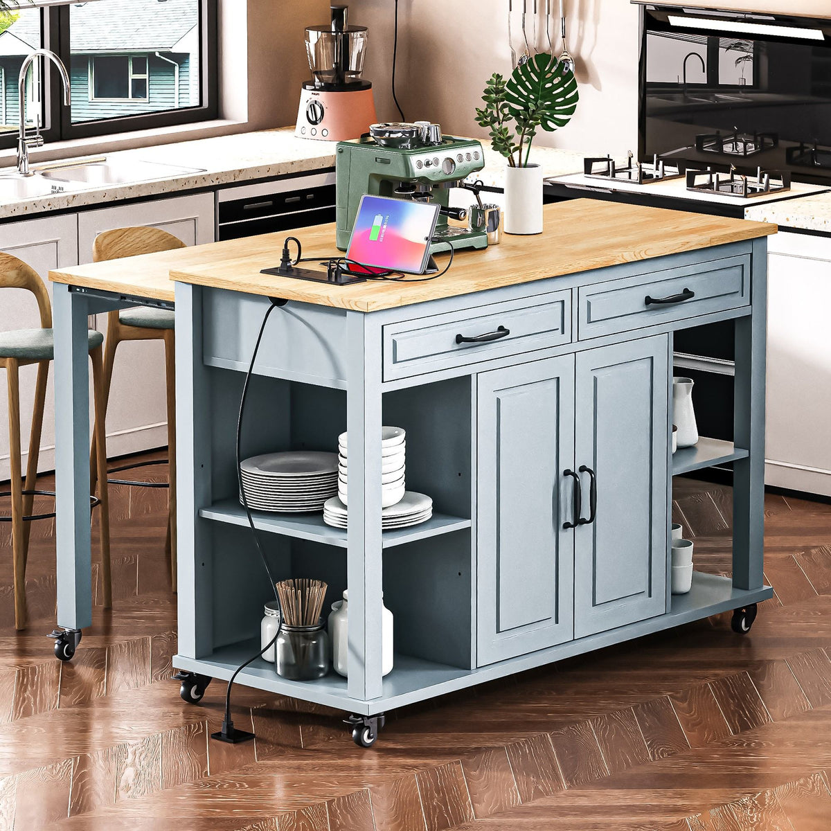 K&K 47 inch Kitchen Island with Extendable Dining Table, Rubber Wood Veneer Kitchen Table with Internal Storage Rack, Power Outlet
