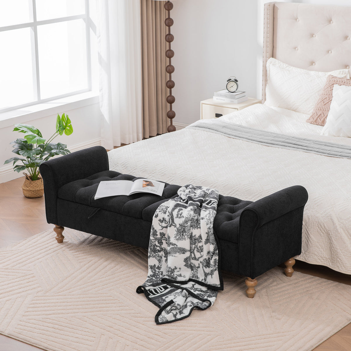65.75" Wide Modern Upholstered  Storage Bench With Double Lids, Napped fabric Foot Stool With Rolled Armrest, Bench Daybed With Rubberwood Legs For Living Room, Entryway, Dormitory, Bedroom,Black