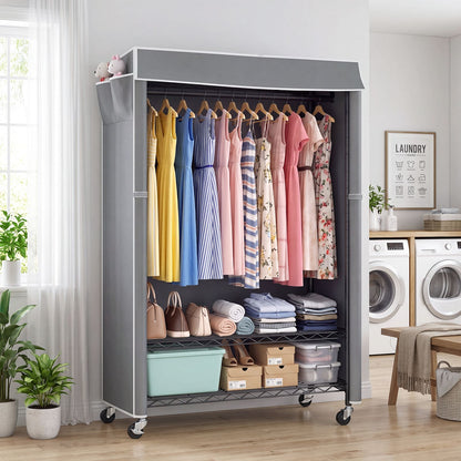 Clothes Rack with Cover, Rolling Clothes Rack, Heavy Duty Garment Rack with Shelves & Grey Cover, Clothes Rack with Side Pocket, Portable Closets for Hanging Clothes, 45''W×15.7''D×72.83''H, Black