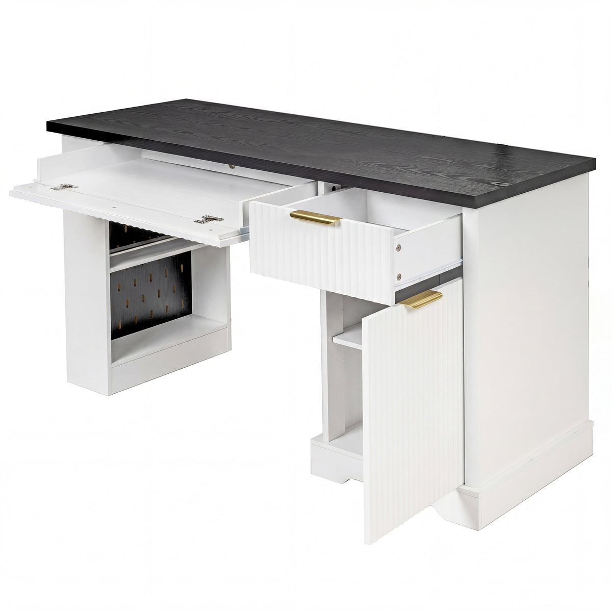 55" Modern Fluted Office Desk with Storage Cabinet & Drawers, Computer Writing Desk with Power Outlet, Pegboard