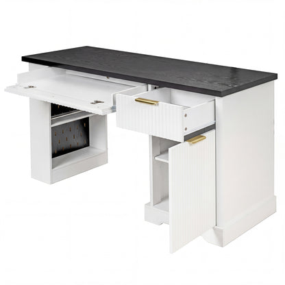 55" Modern Fluted Office Desk with Storage Cabinet & Drawers, Computer Writing Desk with Power Outlet, Pegboard