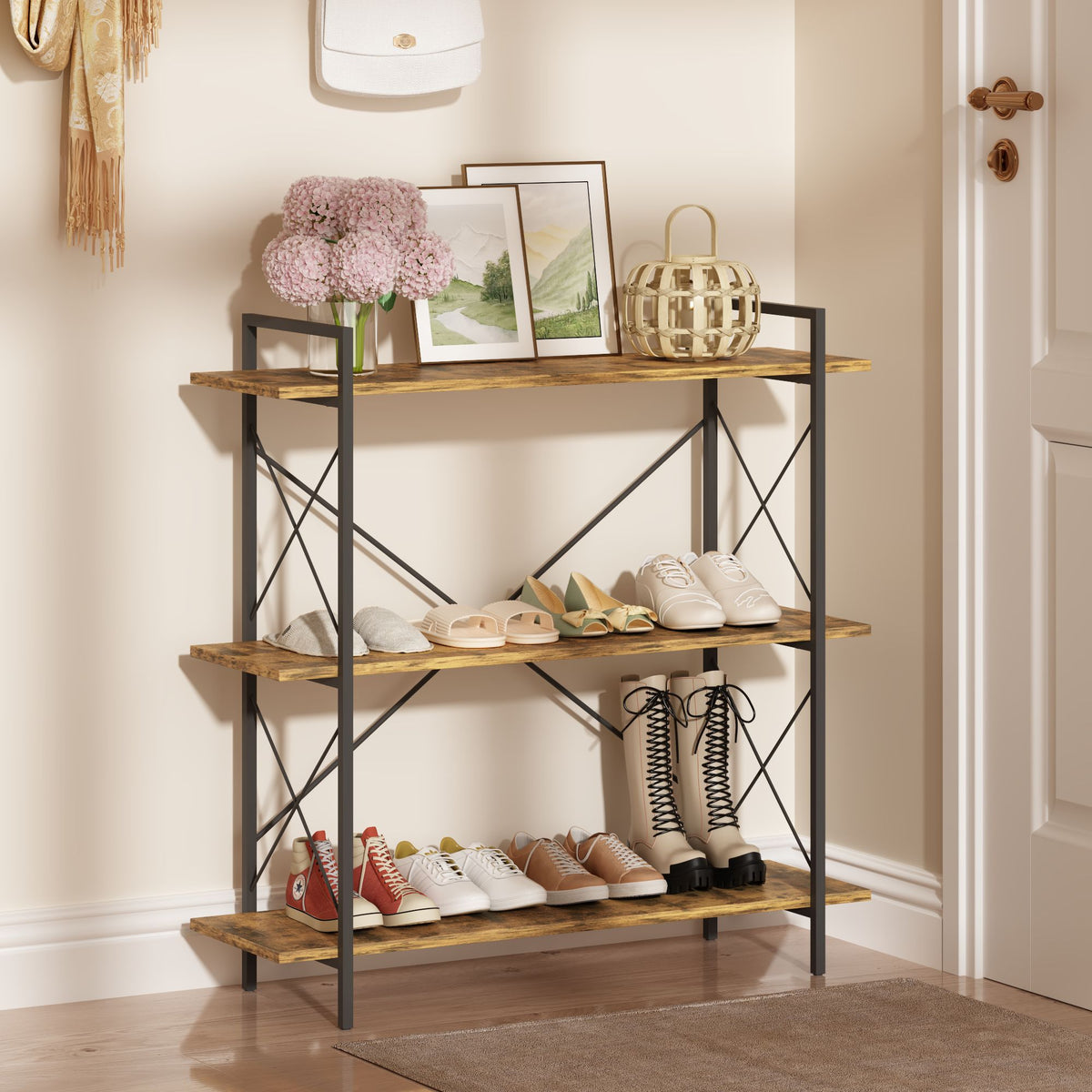 3-Tier Bookshelf, Horizontal Bookcase with Open Storage Shelves, Rustic Industrial Plant Stand, Wood & Metal Shelf for Living Room, Bedroom & Home Office (Rustic Brown)
