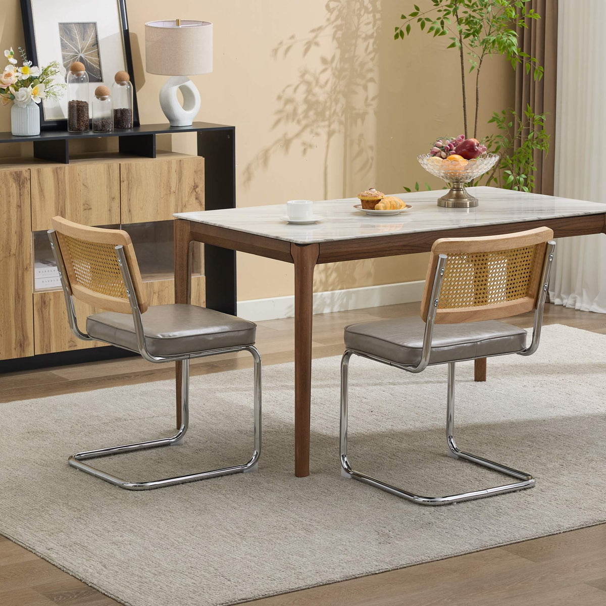Dining Chairs Set of 2,Mid‑Century Modern Cane Rattan Dining Chair with Solid Wood Frame,Faux Leather Upholstered Seat,Cantilever Chrome Metal Frame Armless Side Chair for Kitchen Dining Room,SW1751GG