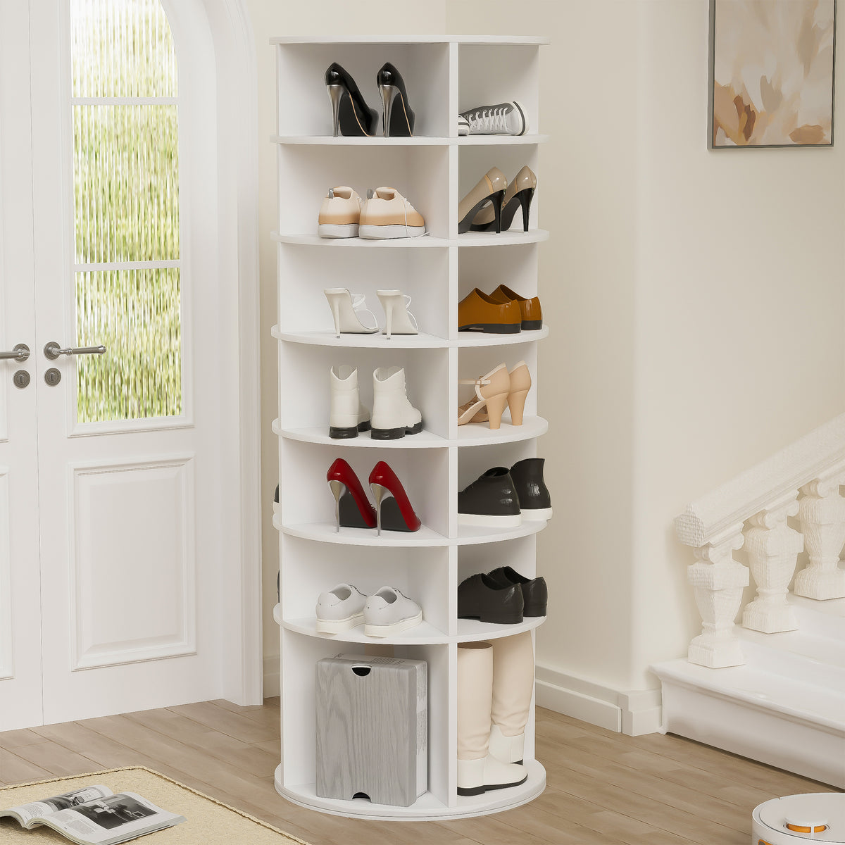 Rotating Shoe Rack Tower, 7-Tier Spinning Shoe Rack, Free Standing 360° Revolving Shoe Organizer