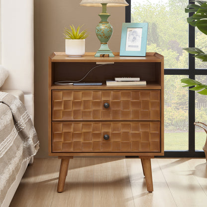 Nightstand with Charging Station, 2 Drawer Bedside Table with Shelf  Features geometric drawer fronts, open storage, USB and AC charging, and solid wood legs for everyday convenience