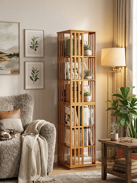 Rotating Bookshelf Tower, 360° Display Spinning Bookcase, 6 Tier Bamboo Bookshelf Floor Standing Storage Rack - Brown