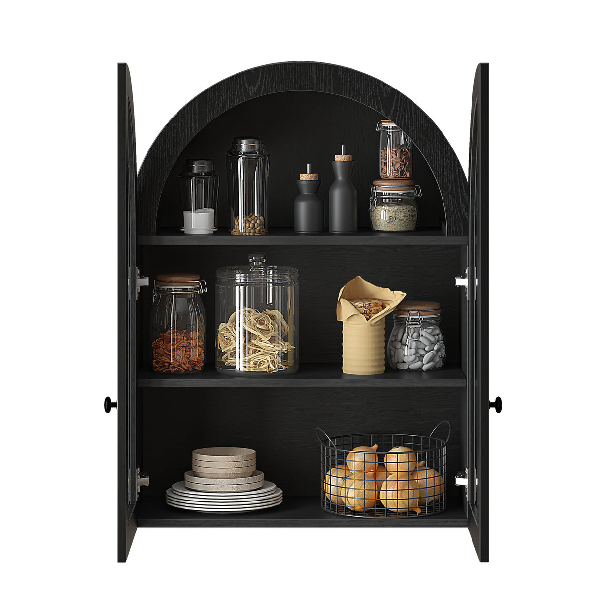 Arched Wall Mounted Cabinet, Wood Veneer Wall Storage Cabinet with Tempered Glass Doors, Adjustable Shelf, Easy Hanging Hardware Included, Decorative Floating Wall Cabinet for Laundry Room, Black