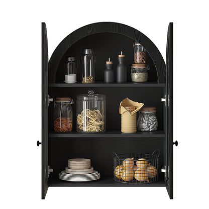 Arched Wall Mounted Cabinet, Wood Veneer Wall Storage Cabinet with Tempered Glass Doors, Adjustable Shelf, Easy Hanging Hardware Included, Decorative Floating Wall Cabinet for Laundry Room, Black
