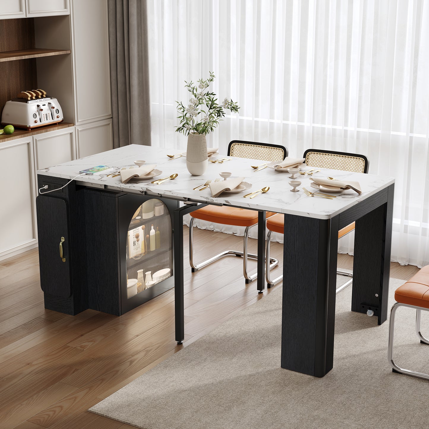 TREXM Extendable Dining Table with 3 Removable Middle Leaves, Mobile Rolling Island Table with Power Outlet, Saving-space Cabinet with Storage for Dining Room and Living Room (BLACK AND MARBLE WHITE)