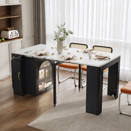 TREXM Extendable Dining Table with 3 Removable Middle Leaves, Mobile Rolling Island Table with Power Outlet, Saving-space Cabinet with Storage for Dining Room and Living Room (BLACK AND MARBLE WHITE)