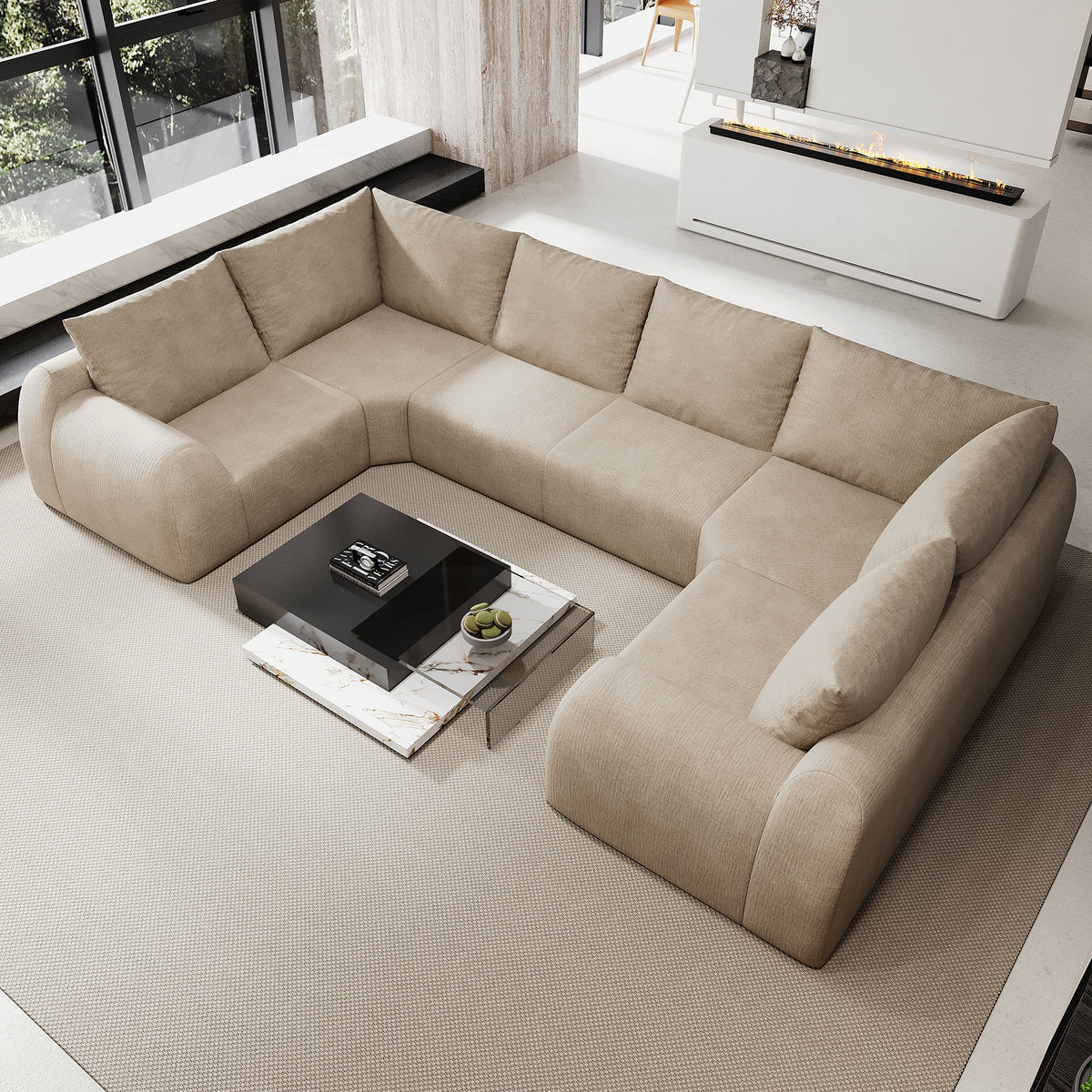 135.5' 6 Seats U Shaped Modular Cloud Sofa, Vacuum Compressed Sectional Couch, No Assembly Required, Oversized U Shape Fabric Sofa for Living Room, Khaki