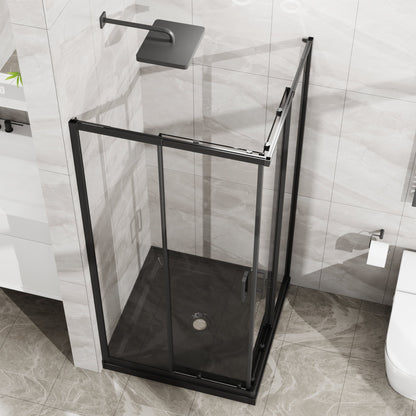 36" x 36" x 72" Corner Sliding Shower Door and Black Shower Base Combo Kit, Clear Tempered Glass, Matte Black Frame Dood & Reinforced Acrylic Base Set