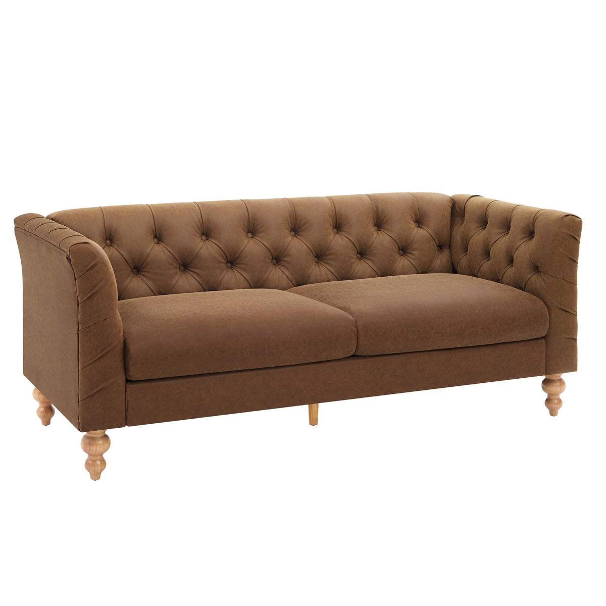 73.5'' Chesterfield Sofa PU Upholstered Couch with Flared Arms, Tufted Back & Natural Rubberwood Legs Multi Cushion Seat Sofa for Living Room and Home Lounge, Brown