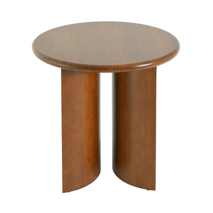Walnut Finish Pine Wood Round Side Table with Unique Fan-Shaped Legs, Mid-Century Modern Accent End Table for Living Room