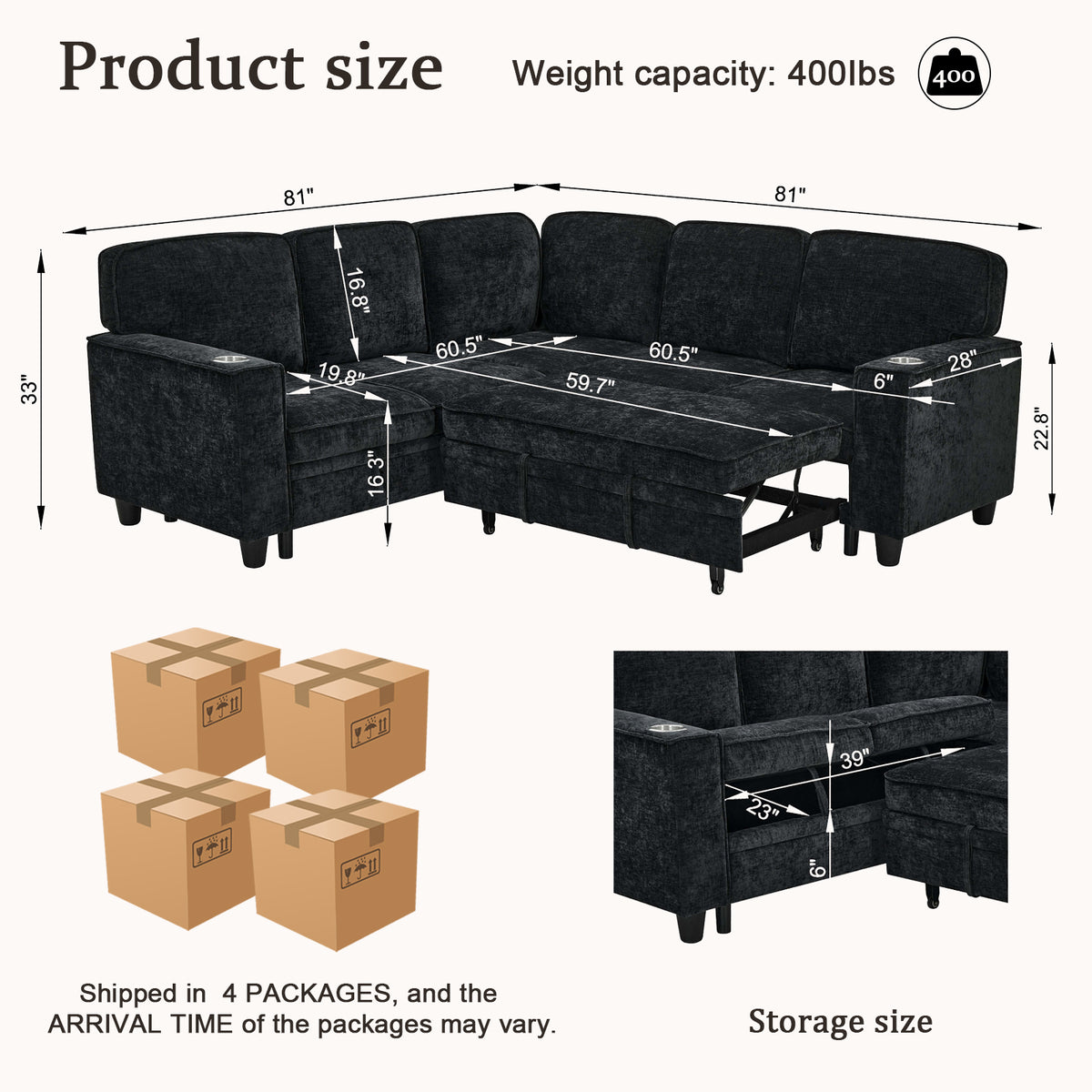 L-Shaped Sofa with Pull Out Sofa Bed, Sleeper Sofa Couch Bed with Storage Seat, 5 Seat Sectional Sofa Bed with USB, Sectional Sofa Couch