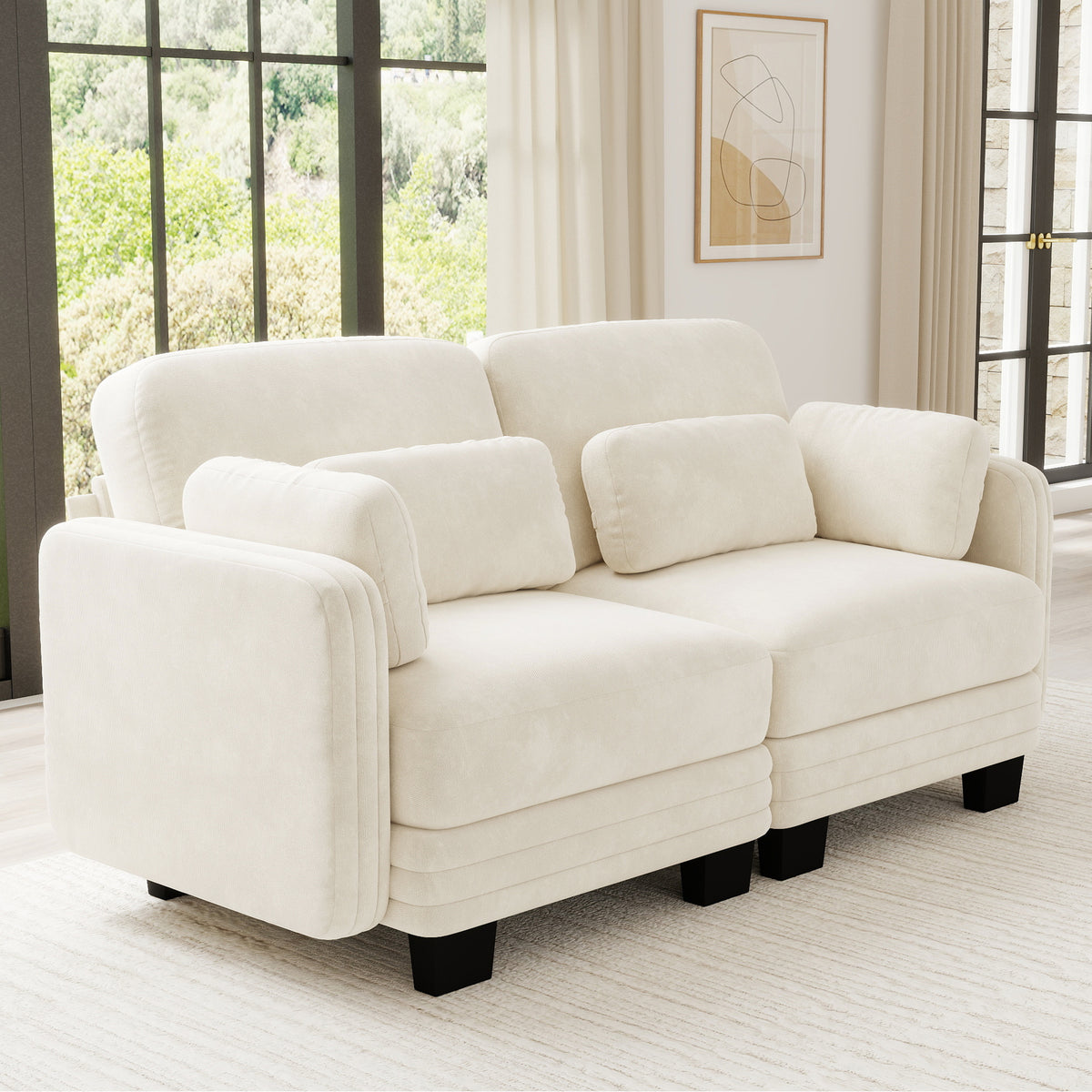 Channel Tufted Design Modern Minimalist Modular Sectional Loveseat Sofa, 2-Seater Couch with Thick Comfortable Seat Cushions, Suitable for Living Room, Bedroom and Apartment, Beige Chenille