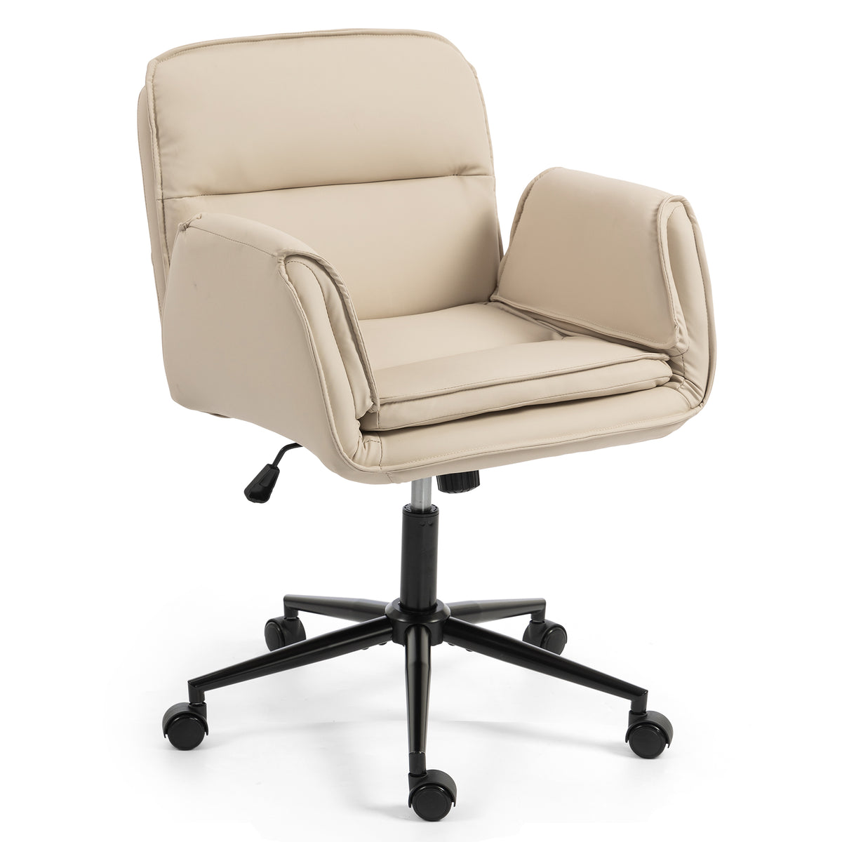 Criss Cross Chair with 5-Gear Adjustable Armrests & Wheels, Ergonomic Thickened Backrest Swivel Desk Chair for Home Office, Vanity, Bedroom and Living Room, Beige Pu