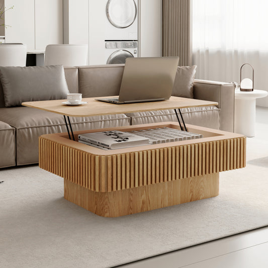 38.6'' Fluted Lift-top Coffee Table Solid Wood Veneered Modern Coffee Table Accent Tea Table with Storage and Adjustable Height for Living Room, Bedroom, Apartment or Office, Natural Wood