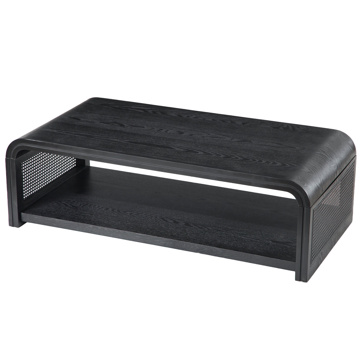 Curved Rectangular Coffee Table with Rattan Sides, 2-Tier Storage Wooden Center Table,Boho Farmhouse Low Tea Table,suitable for Living Room,Apartment, Home Decor,Black