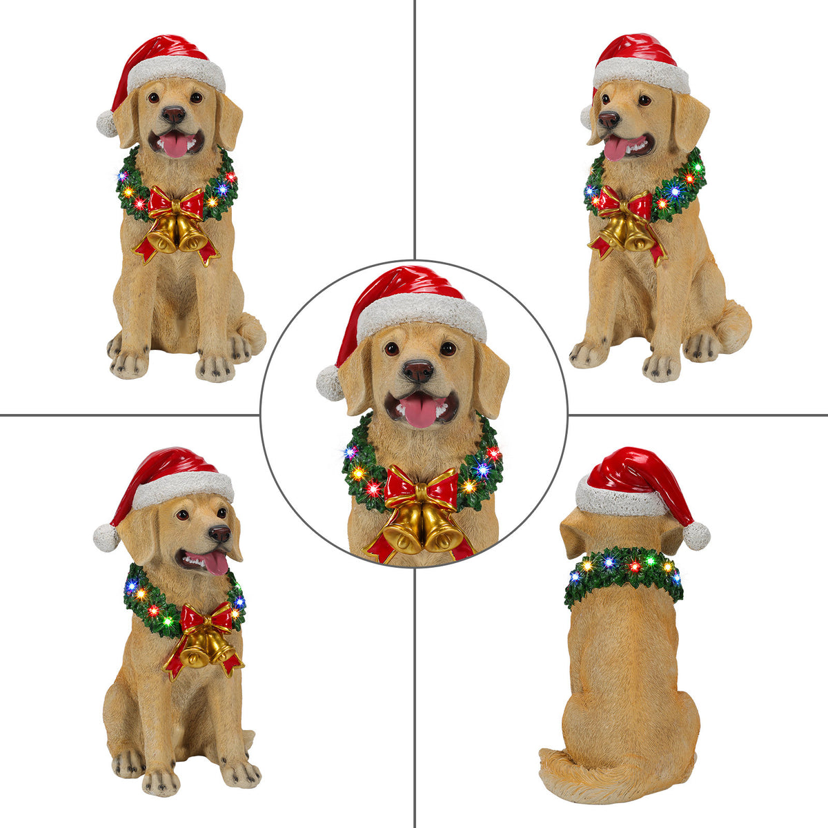 Lighted Christmas Labrador Retriever Dog Statue, Santa Hat Puppy Figurine with LED Wreath and Bells