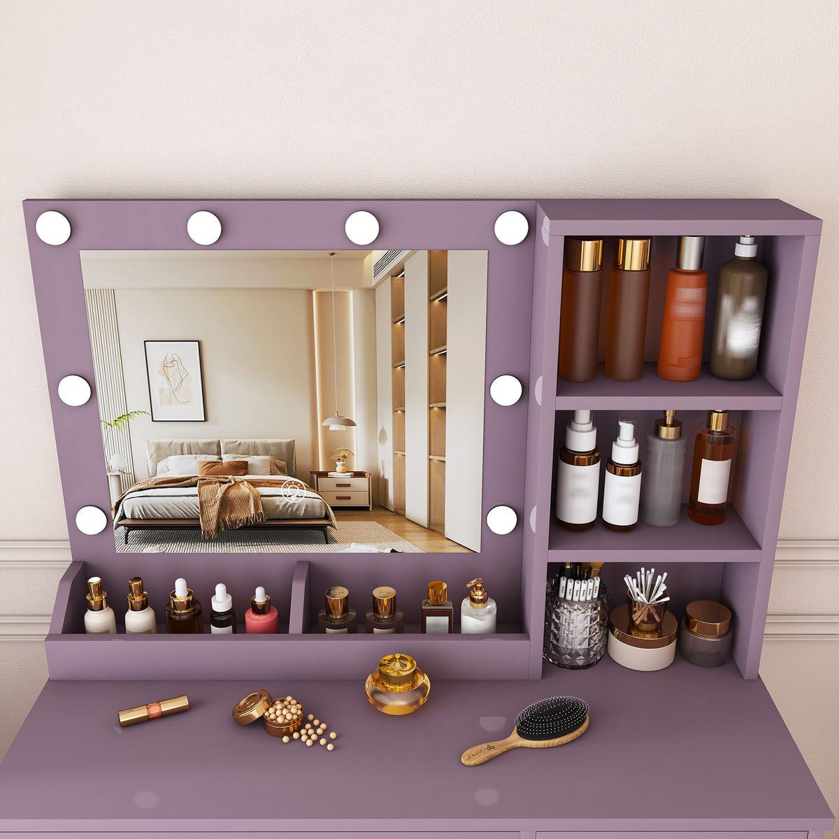 Modern Purple Vanity Desk Set with Padded Stool and Adjustable LED Mirror, 3 Color Light Modes, MDF Construction